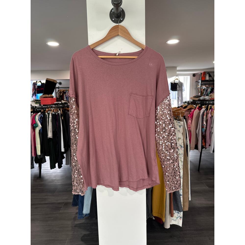 Free People Long Sleeve Sequin Sleeves Tee Top Size M